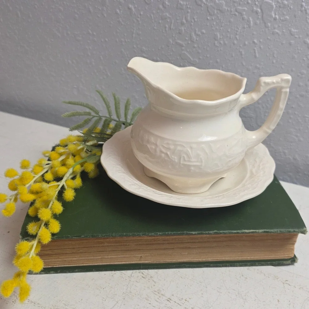 Vintage Cream Ceramic Embossed Floral Creamer and Saucer Set Scalloped Footed‎